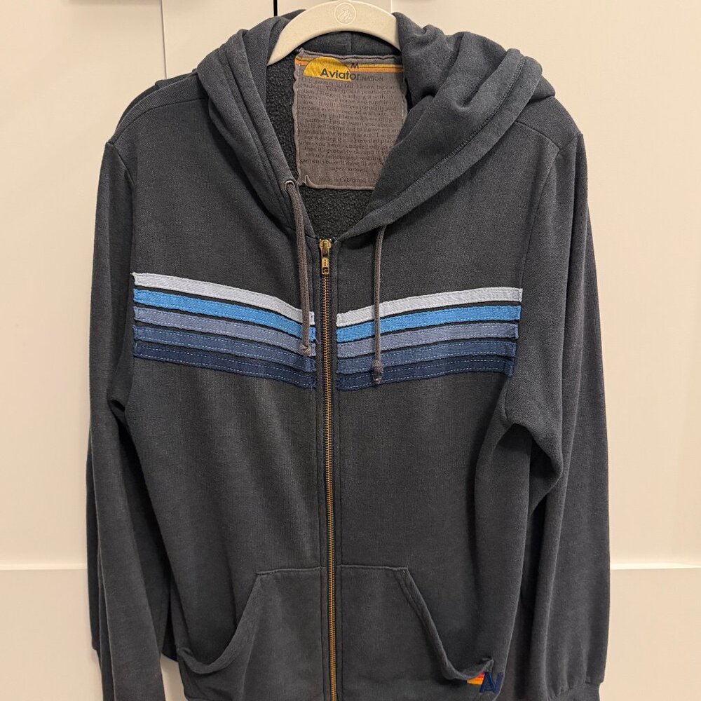 Aviator Nation 5 Stripped Hoodie Charcoal with Blue Stripes Size Medium